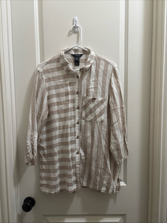 Ali Miles Tops - Ali Miles Linen Blend Button Down Size M Shirt Tan & White Beach Resortwear
